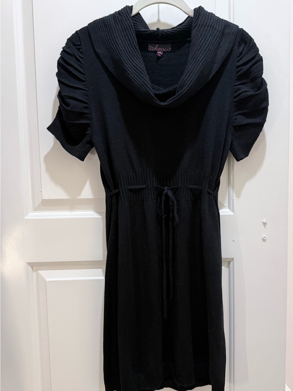 Takeout Black Knit Dress with Pleated Cowl Neck